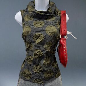 Lisa Bayne Crinkle Sleeveless Cowl Neck Top Green Black Textured Tank S